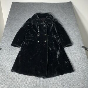 Vintage Sportowne Borgazia Coat Womens 14 Black Faux Fur Double Breasted Long
